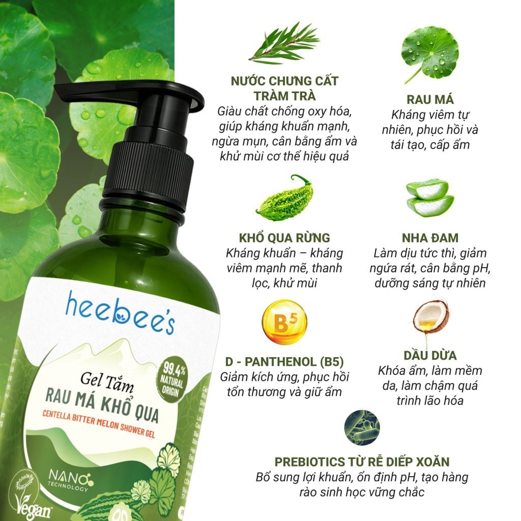 Gel Tắm Rau Má Khổ Qua Rừng Thuần Chay Giảm Rôm Sẩy, Dưỡng Ẩm, Da Sáng Mịn Màng 300/500ML