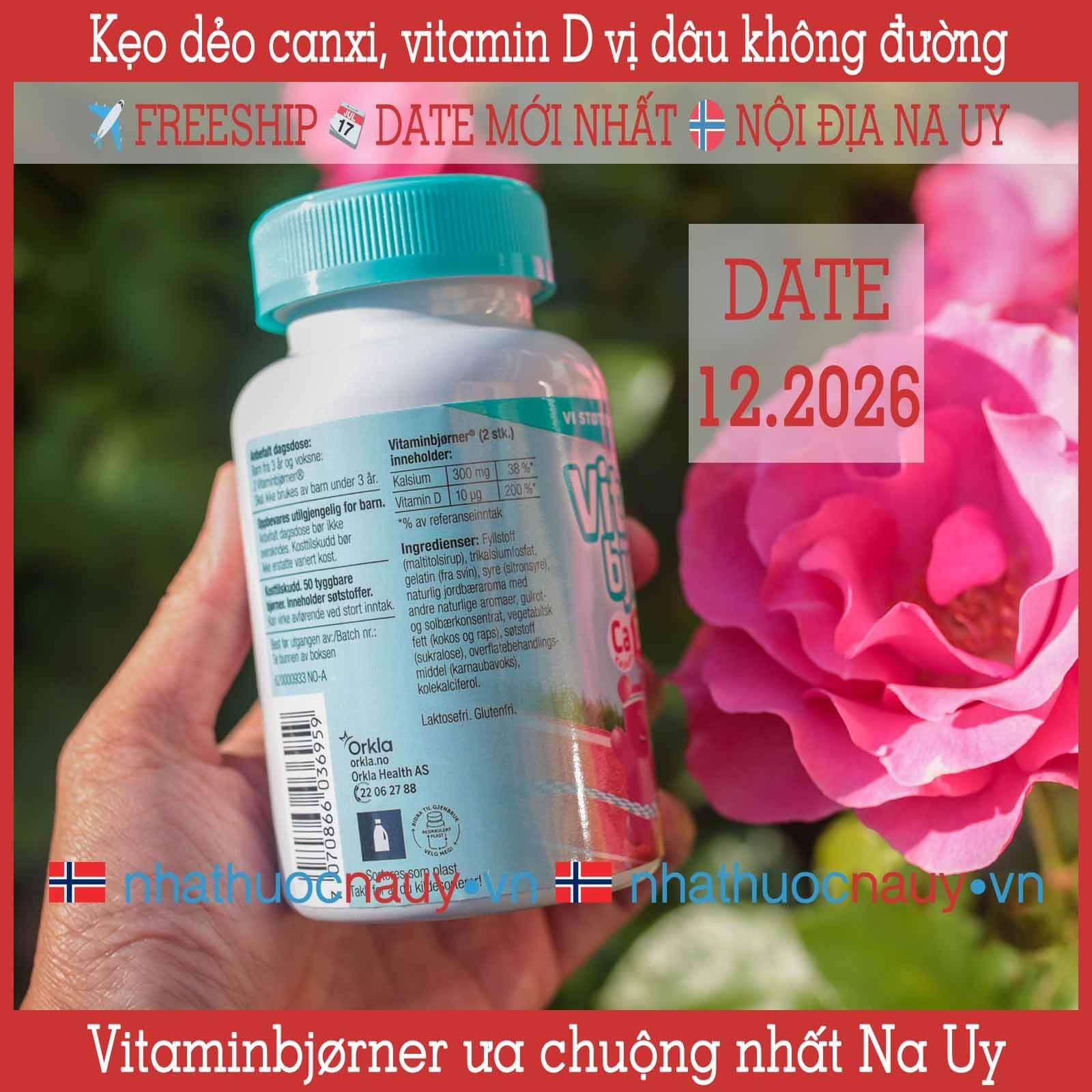  Kẹo dẻo canxi + vitamin D Vitaminbjørner vị dâu tây 