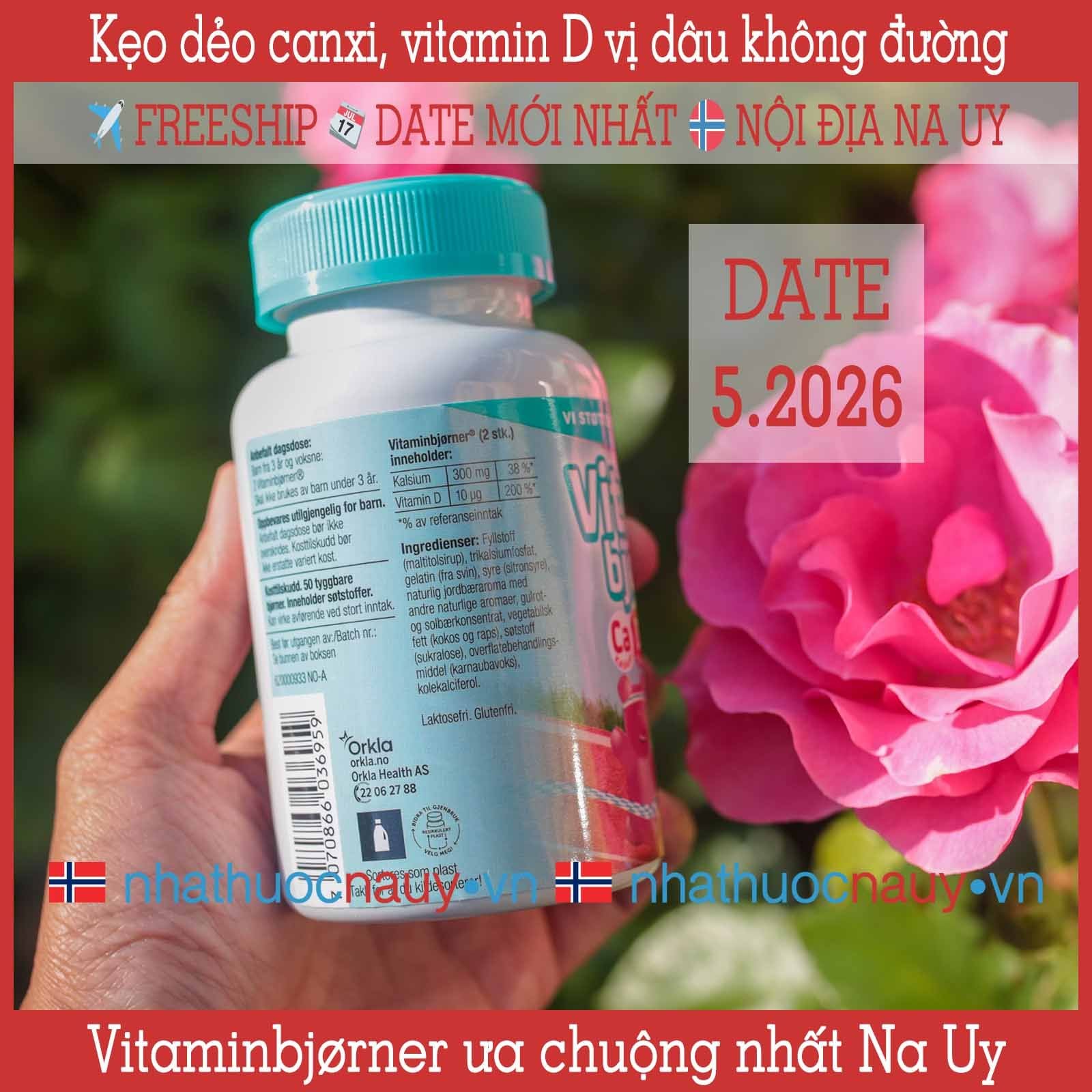  Kẹo dẻo canxi + vitamin D Vitaminbjørner vị dâu tây 