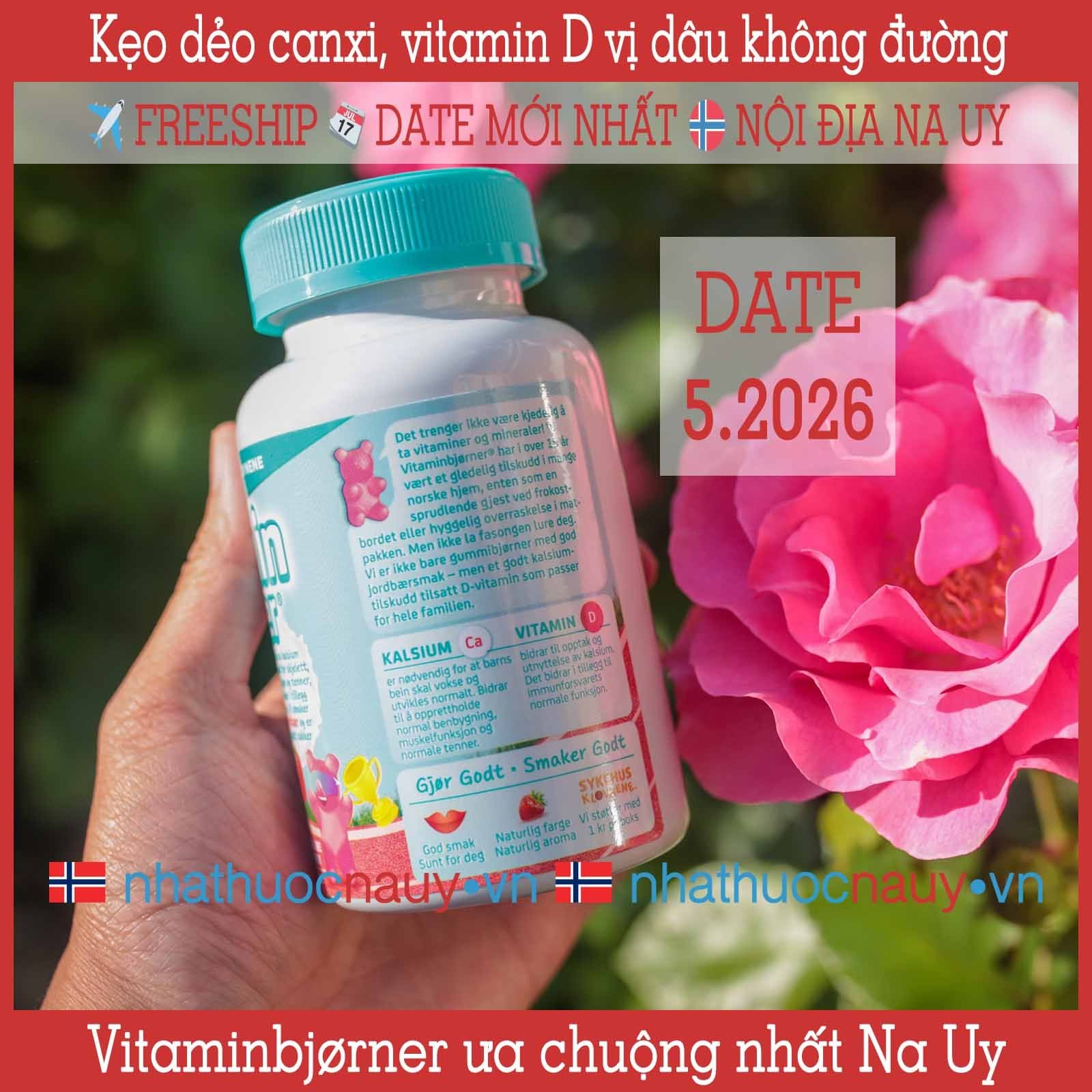  Kẹo dẻo canxi + vitamin D Vitaminbjørner vị dâu tây 