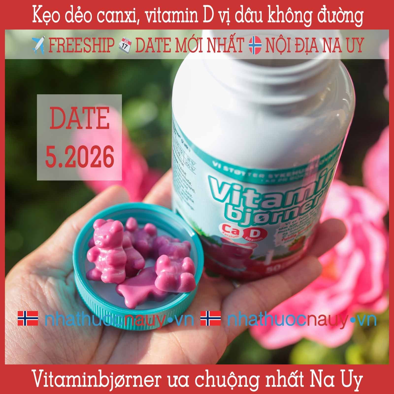  Kẹo dẻo canxi + vitamin D Vitaminbjørner vị dâu tây 