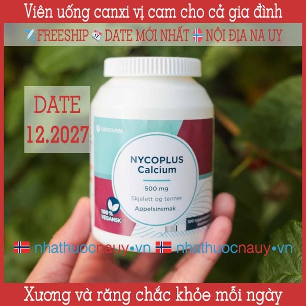 Viên uống canxi vị cam | Nycoplus Calcium 100 viên 500mg Nội địa Na Uy