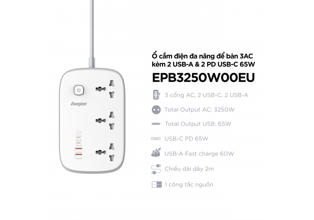 Ổ Điện Đa Năng Energizer EPB3250W00EUWE 65W - Hàng Táo Tám