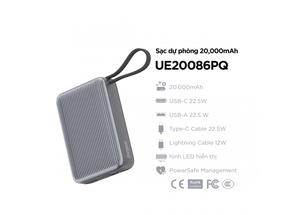 Sạc Dự Phòng Energizer UE20086PQGY 20.000mAh 22.5W - Hàng Táo Tám