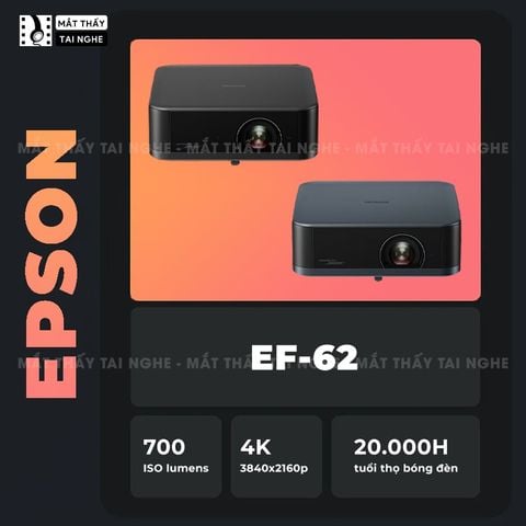 Epson EF-62 - Máy chiếu mini thông minh tích hợp Google TV, sử dụng công nghệ 3LCD độc quyền kết hợp nguồn sáng RGB-LED thế hệ mới, độ phân giải 4K PRO-UHD, độ sáng 700 ISO lumens, tương phản 5.000.000:1 cho hình ảnh và màu sắc cực đẹp