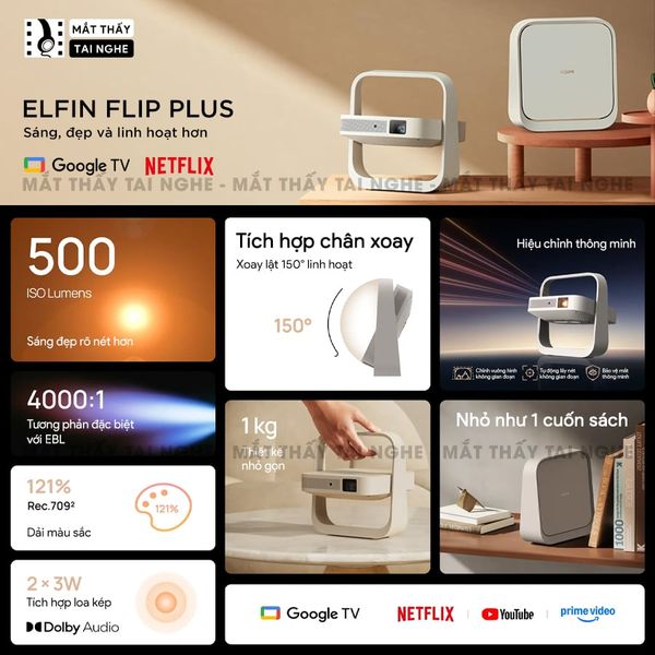 Xgimi Elifn Flip Plus - Máy chiếu thông minh tích hợp Google TV và Netflix chính chủ, sử dụng công nghệ DLP, độ sáng 500 ISO lumens, độ phân giải chuẩn Full HD cho hình ảnh và màu sắc cực đẹp