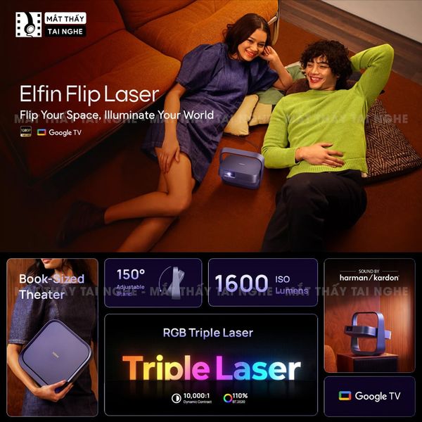 XGIMI Elfin Flip Laser - Máy chiếu thông minh tích hợp Google TV và Netflix chính chủ, sử dụng công nghệ DLP, độ sáng 1.600 ISO lumens, độ phân giải chuẩn Full HD cho hình ảnh và màu sắc cực đẹp