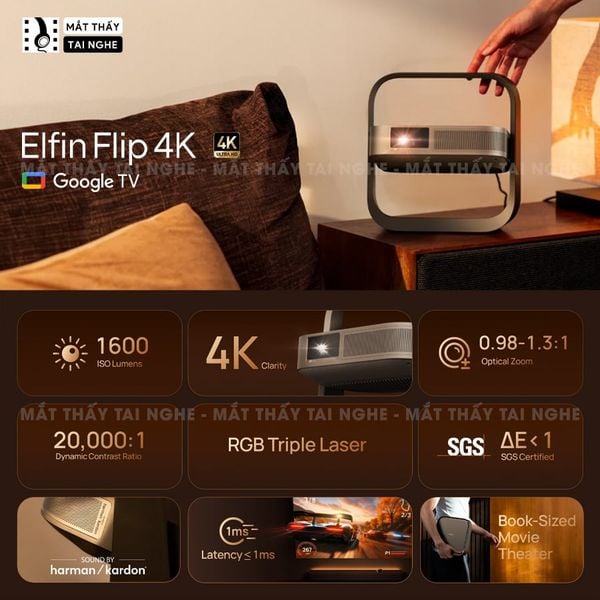 XGIMI Elfin Flip 4K - Máy chiếu thông minh tích hợp Google TV và Netflix chính chủ, sử dụng công nghệ DLP, độ sáng 1.600 ISO lumens, độ phân giải chuẩn 4K UHD cho hình ảnh và màu sắc cực đẹp