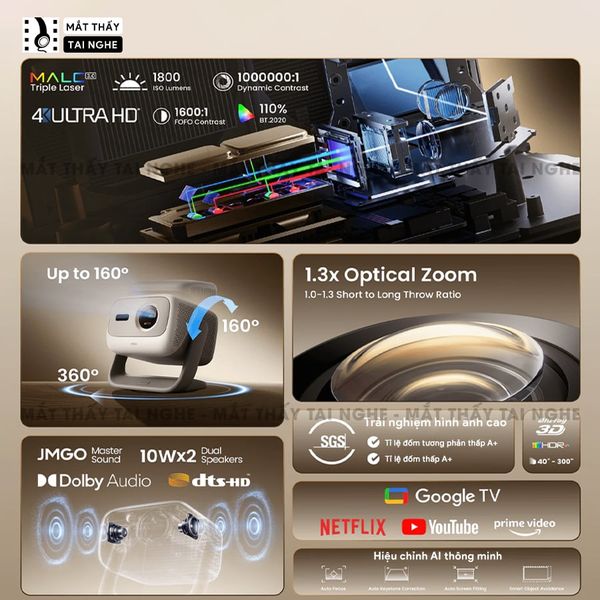 JMGO N3 4K Quốc tế - Máy chiếu thông minh tích hợp Google TV và bản quyền Netflix chính chủ, độ phân giải 4K UHD 3840x2160p, độ sáng 1800 ISO lumens, hỗ trợ xem phim chuẩn 3D Blu-ray