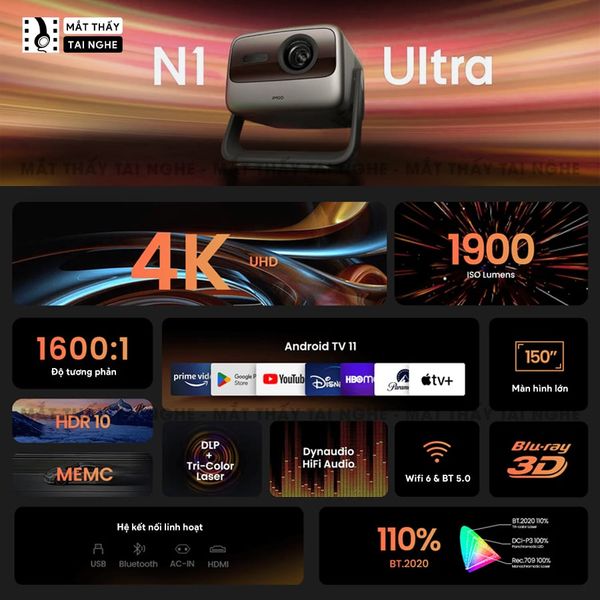 JMGO N1 Ultra Quốc tế - Máy chiếu thông minh tích hợp Android TV 11, độ phân giải 4K UHD 3840x2160p , độ sáng 4000 ansi lumens, tích hợp loa Dynaudio cao cấp