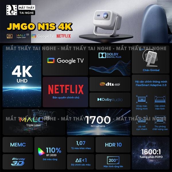 JMGO N1s 4K New 2026 - Máy chiếu thông minh tích hợp Google TV và hỗ trợ Netflix chính chủ, độ phân giải 4K UHD 3840x2160p, độ sáng 1.700 ISO lumens