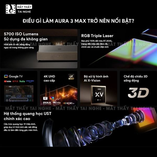 XGIMI Aura 3 Max - Máy chiếu siêu gần 4K thông minh tích hợp Google TV, sử dụng công nghệ RGB Triple-Laser, đạt chứng nhận IMAX Enhanced, độ phân giải chuẩn 4K UHD, độ sáng 5700 ISO Lumens, loa Harman Kardon và Dolby Vision