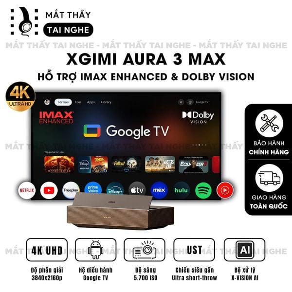 XGIMI Aura 3 Max - Máy chiếu siêu gần 4K thông minh tích hợp Google TV, sử dụng công nghệ RGB Triple-Laser, đạt chứng nhận IMAX Enhanced, độ phân giải chuẩn 4K UHD, độ sáng 5700 ISO Lumens, loa Harman Kardon và Dolby Vision