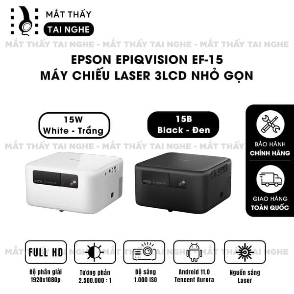 Epson EpiqVision EF-15 - Máy chiếu Laser mini thông minh tích hợp Android TV 11.0, sử dụng công nghệ 3LCD độc quyền, độ sáng 1000 ISO lumens, độ phân giải chuẩn Full HD, tương phản 2.500.000:1 cho hình ảnh và màu sắc cực đẹp
