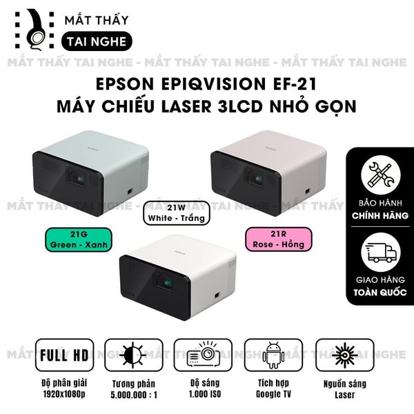 Epson EpiqVision EF-21 - Máy chiếu Laser mini thông minh tích hợp Google, sử dụng công nghệ 3LCD độc quyền, độ sáng 1000 ISO lumens, độ phân giải chuẩn Full HD, tương phản 5.000.000:1 cho hình ảnh và màu sắc cực đẹp