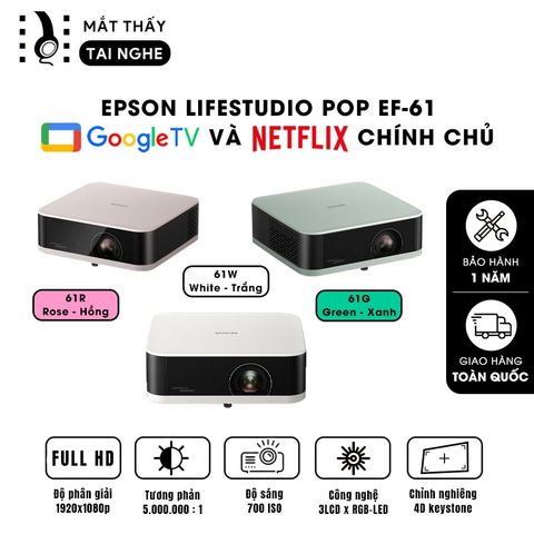 Epson EF-61 - Máy chiếu mini thông minh tích hợp Google TV, sử dụng công nghệ 3LCD độc quyền kết hợp nguồn sáng RGB-LED thế hệ mới, độ sáng 700 ISO lumens, độ phân giải chuẩn Full HD, tương phản 5.000.000:1 cho hình ảnh và màu sắc cực đẹp