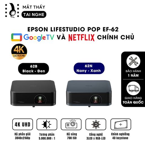Epson EF-62 - Máy chiếu mini thông minh tích hợp Google TV, sử dụng công nghệ 3LCD độc quyền kết hợp nguồn sáng RGB-LED thế hệ mới, độ phân giải 4K PRO-UHD, độ sáng 700 ISO lumens, tương phản 5.000.000:1 cho hình ảnh và màu sắc cực đẹp