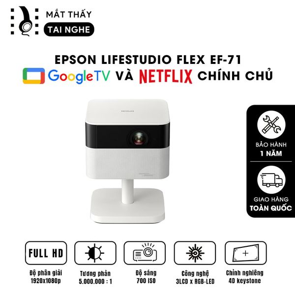 Epson EF-71 - Máy chiếu mini thông minh tích hợp Google TV, sử dụng công nghệ 3LCD độc quyền kết hợp nguồn sáng RGB-LED tiên tiến, độ sáng 700 ISO lumens, độ phân giải chuẩn Full HD, tương phản 5.000.000:1 cho hình ảnh và màu sắc cực đẹp