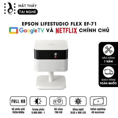 Epson EF-71 - Máy chiếu mini thông minh tích hợp Google TV, sử dụng công nghệ 3LCD độc quyền kết hợp nguồn sáng RGB-LED tiên tiến, độ sáng 700 ISO lumens, độ phân giải chuẩn Full HD, tương phản 5.000.000:1 cho hình ảnh và màu sắc cực đẹp