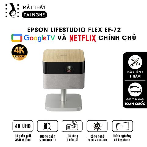 Epson EF-72 - Máy chiếu mini thông minh tích hợp Google TV, sử dụng công nghệ 3LCD độc quyền kết hợp nguồn sáng RGB-LED tiên tiến, độ phân giải 4K PRO-UHD, độ sáng 1.000 ISO lumens, tương phản 5.000.000:1 cho hình ảnh và màu sắc cực đẹp