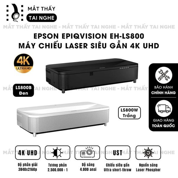 Epson EpiqVision EH-LS800 - Máy chiếu siêu gần 4K thông minh tích hợp Android TV, độ phân giải chuẩn 4K UHD 3840x2160p, độ sáng 4.000 ansi, tương phản siêu cao 2.500.000:1