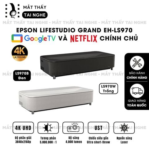 Epson Lifestudio Grand EH-LS970 - Máy chiếu siêu gần 4K thông minh tích hợp Google TV và Netflix chính chủ, độ phân giải chuẩn 4K UHD 3840x2160p, độ sáng 4.000 lumen, tương phản siêu cao 5.000.000:1
