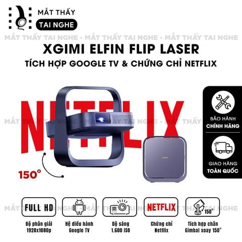 XGIMI Elfin Flip Laser - Máy chiếu thông minh tích hợp Google TV và Netflix chính chủ, sử dụng công nghệ DLP, độ sáng 1.600 ISO lumens, độ phân giải chuẩn Full HD cho hình ảnh và màu sắc cực đẹp