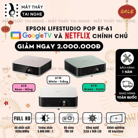Epson EF-61 - Máy chiếu mini thông minh tích hợp Google TV, sử dụng công nghệ 3LCD độc quyền kết hợp nguồn sáng RGB-LED thế hệ mới, độ sáng 700 ISO lumens, độ phân giải chuẩn Full HD, tương phản 5.000.000:1 cho hình ảnh và màu sắc cực đẹp