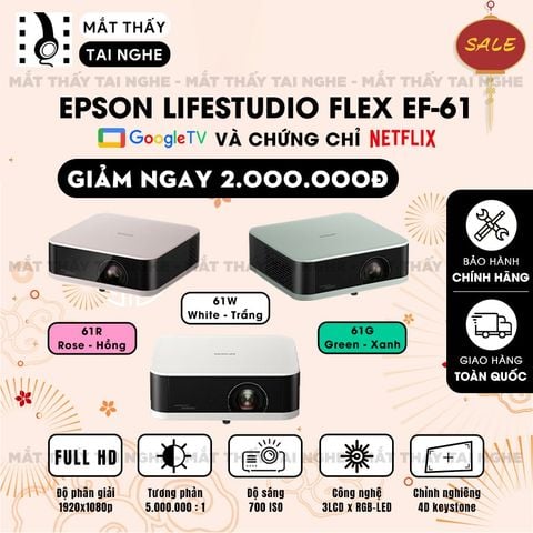 Epson Lifestudio Pop EF-61 - Máy chiếu mini thông minh tích hợp Google TV, sử dụng công nghệ 3LCD độc quyền kết hợp nguồn sáng RGB-LED thế hệ mới, độ sáng 700 ISO lumens, độ phân giải chuẩn Full HD, tương phản 5.000.000:1 cho hình ảnh và màu sắc cực đẹp