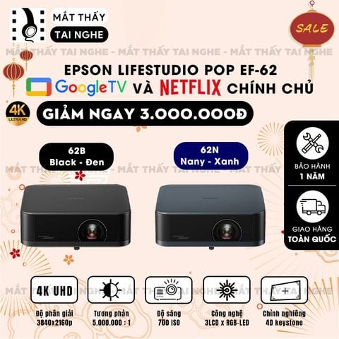 Epson EF-62 - Máy chiếu mini thông minh tích hợp Google TV, sử dụng công nghệ 3LCD độc quyền kết hợp nguồn sáng RGB-LED thế hệ mới, độ phân giải 4K PRO-UHD, độ sáng 700 ISO lumens, tương phản 5.000.000:1 cho hình ảnh và màu sắc cực đẹp
