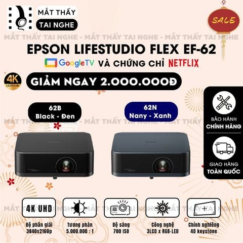Epson Lifestudio Pop EF-62 - Máy chiếu mini thông minh tích hợp Google TV, sử dụng công nghệ 3LCD độc quyền kết hợp nguồn sáng RGB-LED thế hệ mới, độ phân giải 4K PRO-UHD, độ sáng 700 ISO lumens, tương phản 5.000.000:1 cho hình ảnh và màu sắc cực đẹp
