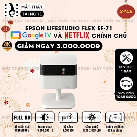 Epson EF-71 - Máy chiếu mini thông minh tích hợp Google TV, sử dụng công nghệ 3LCD độc quyền kết hợp nguồn sáng RGB-LED tiên tiến, độ sáng 1.000 ISO lumens, độ phân giải chuẩn Full HD, tương phản 5.000.000:1 cho hình ảnh và màu sắc cực đẹp