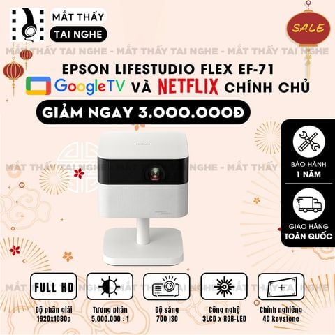 Epson EF-71 - Máy chiếu mini thông minh tích hợp Google TV, sử dụng công nghệ 3LCD độc quyền kết hợp nguồn sáng RGB-LED tiên tiến, độ sáng 700 ISO lumens, độ phân giải chuẩn Full HD, tương phản 5.000.000:1 cho hình ảnh và màu sắc cực đẹp