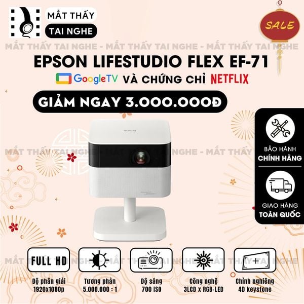 Epson Lifestudio Flex EF-71 - Máy chiếu mini thông minh tích hợp Google TV, sử dụng công nghệ 3LCD độc quyền kết hợp nguồn sáng RGB-LED tiên tiến, độ sáng 700 ISO lumens, độ phân giải chuẩn Full HD, tương phản 5.000.000:1 cho hình ảnh và màu sắc cực đẹp