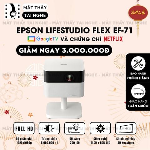 Epson Lifestudio Flex EF-71 - Máy chiếu mini thông minh tích hợp Google TV, sử dụng công nghệ 3LCD độc quyền kết hợp nguồn sáng RGB-LED tiên tiến, độ sáng 700 ISO lumens, độ phân giải chuẩn Full HD, tương phản 5.000.000:1 cho hình ảnh và màu sắc cực đẹp