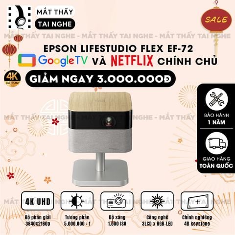 Epson EF-72 - Máy chiếu mini thông minh tích hợp Google TV, sử dụng công nghệ 3LCD độc quyền kết hợp nguồn sáng RGB-LED tiên tiến, độ phân giải 4K PRO-UHD, độ sáng 1.000 ISO lumens, tương phản 5.000.000:1 cho hình ảnh và màu sắc cực đẹp