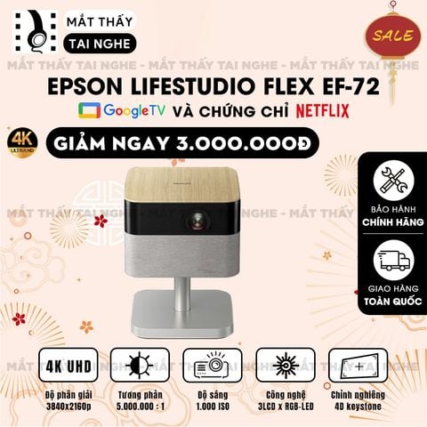 Epson Lifestudio Flex EF-72 - Máy chiếu mini thông minh tích hợp Google TV, sử dụng công nghệ 3LCD độc quyền kết hợp nguồn sáng RGB-LED tiên tiến, độ phân giải 4K PRO-UHD, độ sáng 1.000 ISO lumens, tương phản 5.000.000:1 cho hình ảnh và màu sắc cực đẹp