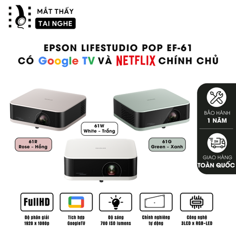 Epson EF-61 - Máy chiếu mini thông minh tích hợp Google TV, sử dụng công nghệ 3LCD độc quyền kết hợp nguồn sáng RGB-LED thế hệ mới, độ sáng 700 ISO lumens, độ phân giải chuẩn Full HD, tương phản 5.000.000:1 cho hình ảnh và màu sắc cực đẹp