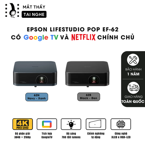Epson EF-62 - Máy chiếu mini thông minh tích hợp Google TV, sử dụng công nghệ 3LCD độc quyền kết hợp nguồn sáng RGB-LED thế hệ mới, độ phân giải 4K PRO-UHD, độ sáng 700 ISO lumens, tương phản 5.000.000:1 cho hình ảnh và màu sắc cực đẹp