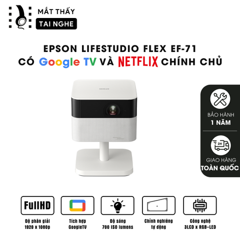 Epson EF-71 - Máy chiếu mini thông minh tích hợp Google TV, sử dụng công nghệ 3LCD độc quyền kết hợp nguồn sáng RGB-LED tiên tiến, độ sáng 700 ISO lumens, độ phân giải chuẩn Full HD, tương phản 5.000.000:1 cho hình ảnh và màu sắc cực đẹp