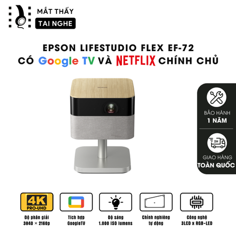 Epson EF-72 - Máy chiếu mini thông minh tích hợp Google TV, sử dụng công nghệ 3LCD độc quyền kết hợp nguồn sáng RGB-LED tiên tiến, độ phân giải 4K PRO-UHD, độ sáng 1.000 ISO lumens, tương phản 5.000.000:1 cho hình ảnh và màu sắc cực đẹp