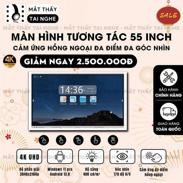 Màn hình tương tác HD Focus 55 inch - Màn hình phân giải chuẩn 4K UHD sắc nét, độ sáng cao, tương phản tốt, góc nhìn 178 độ, cảm ứng hồng ngoại đa điểm cực nhạy