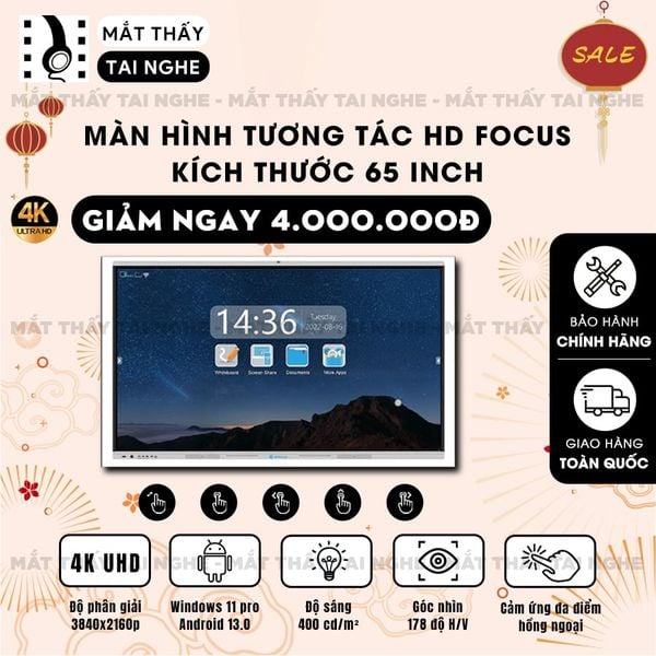 Màn hình tương tác HD Focus 65 inch - Màn hình phân giải chuẩn 4K UHD sắc nét, độ sáng cao, tương phản tốt, góc nhìn 178 độ, cảm ứng hồng ngoại đa điểm cực nhạy