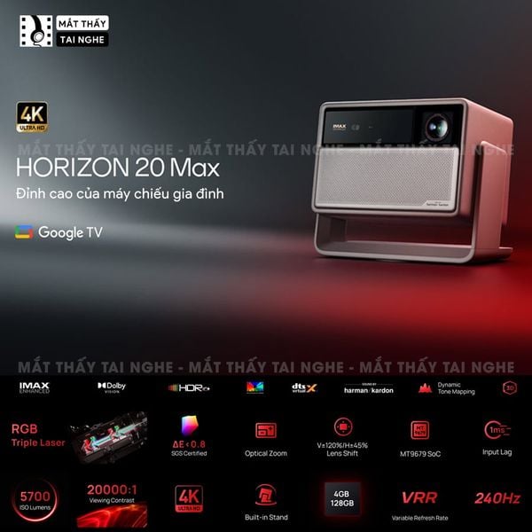 XGIMI Horizon 20 Max - Máy chiếu 4K thông minh tích hợp Google TV, sử dụng công nghệ RGB Triple Laser, độ phân giải chuẩn 4K UHD, độ sáng 5700 ISO Lumens, đạt chứng nhận IMAX Enhanced & Dolby Vision và tích hợp loa Harman Kardon