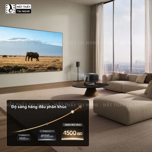 JMGO IRIS Ultra - Máy chiếu thông minh 4K@120Hz đầu tiên, tích hợp công nghệ MALC Triple-Laser 6.0 và Hệ thống khẩu độ kép, độ phân giải 4K UHD 3840x2160p, độ sáng 4.500 ISO lumens, hỗ trợ Google TV, Netflix chính chủ và xem phim 3D