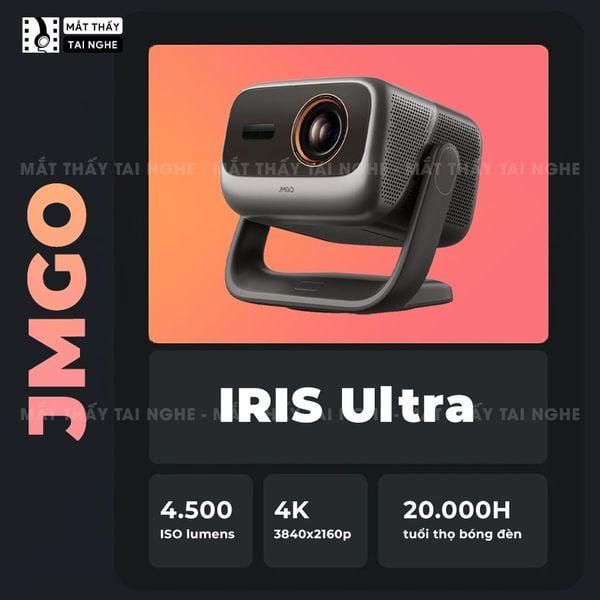 JMGO IRIS Ultra - Máy chiếu thông minh 4K@120Hz đầu tiên, tích hợp công nghệ MALC Triple-Laser 6.0 và Hệ thống khẩu độ kép, độ phân giải 4K UHD 3840x2160p, độ sáng 4.500 ISO lumens, hỗ trợ Google TV, Netflix chính chủ và xem phim 3D