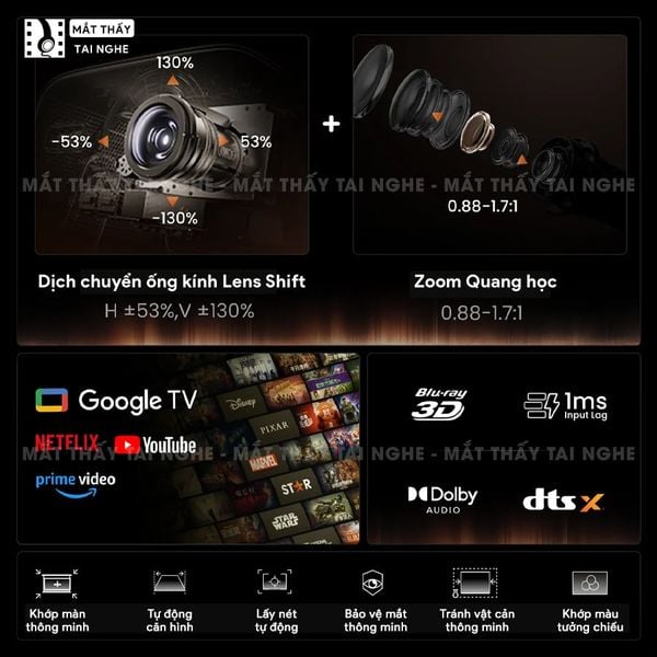 JMGO IRIS Ultra - Máy chiếu thông minh 4K@120Hz đầu tiên, tích hợp công nghệ MALC Triple-Laser 6.0 và Hệ thống khẩu độ kép, độ phân giải 4K UHD 3840x2160p, độ sáng 4.500 ISO lumens, hỗ trợ Google TV, Netflix chính chủ và xem phim 3D