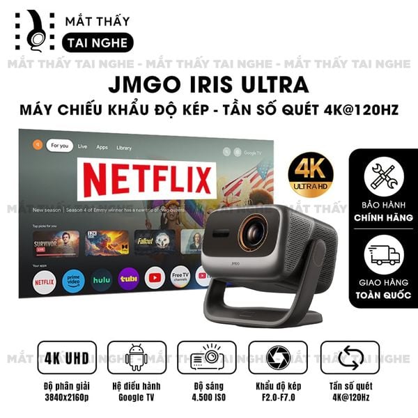 JMGO IRIS Ultra - Máy chiếu thông minh 4K@120Hz đầu tiên, tích hợp công nghệ MALC Triple-Laser 6.0 và Hệ thống khẩu độ kép, độ phân giải 4K UHD 3840x2160p, độ sáng 4.500 ISO lumens, hỗ trợ Google TV, Netflix chính chủ và xem phim 3D
