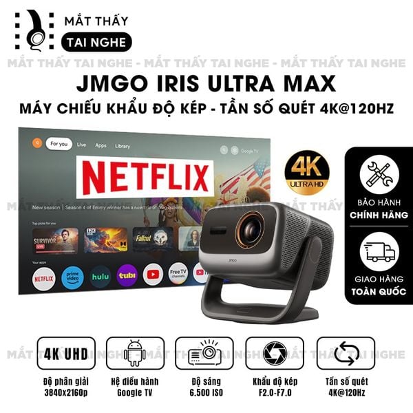 JMGO IRIS Ultra Max - Máy chiếu thông minh 4K@120Hz đầu tiên, tích hợp công nghệ MALC Triple-Laser 6.0 và Hệ thống khẩu độ kép, độ phân giải 4K UHD 3840x2160p, độ sáng 6.500 ISO lumens, hỗ trợ Google TV, Netflix chính chủ và xem phim 3D
