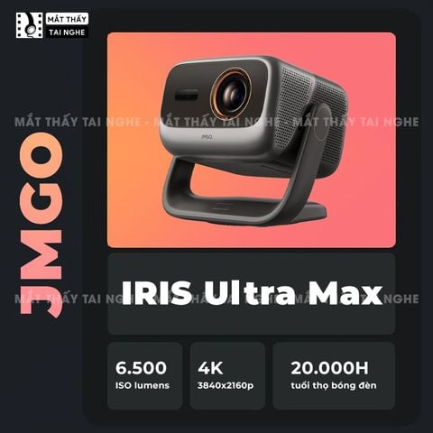 JMGO IRIS Ultra Max - Máy chiếu thông minh 4K@120Hz đầu tiên, tích hợp công nghệ MALC Triple-Laser 6.0 và Hệ thống khẩu độ kép, độ phân giải 4K UHD 3840x2160p, độ sáng 6.500 ISO lumens, hỗ trợ Google TV, Netflix chính chủ và xem phim 3D
